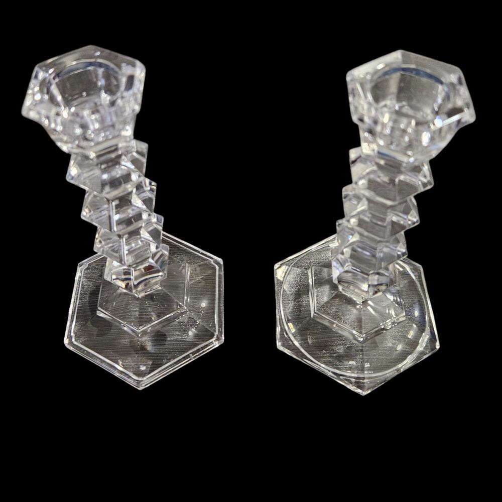 Vintage Clear Glass Candlestick Holders Pair Faceted Hexagon Art Deco 5.5"